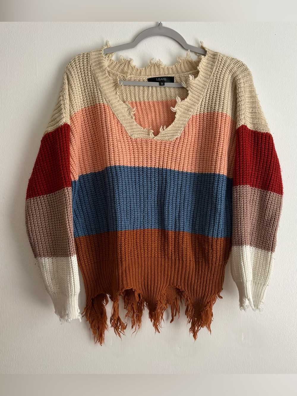 LEANI Multicolor Striped V-Neck Distressed Fringe Knit Sweater Women’s M